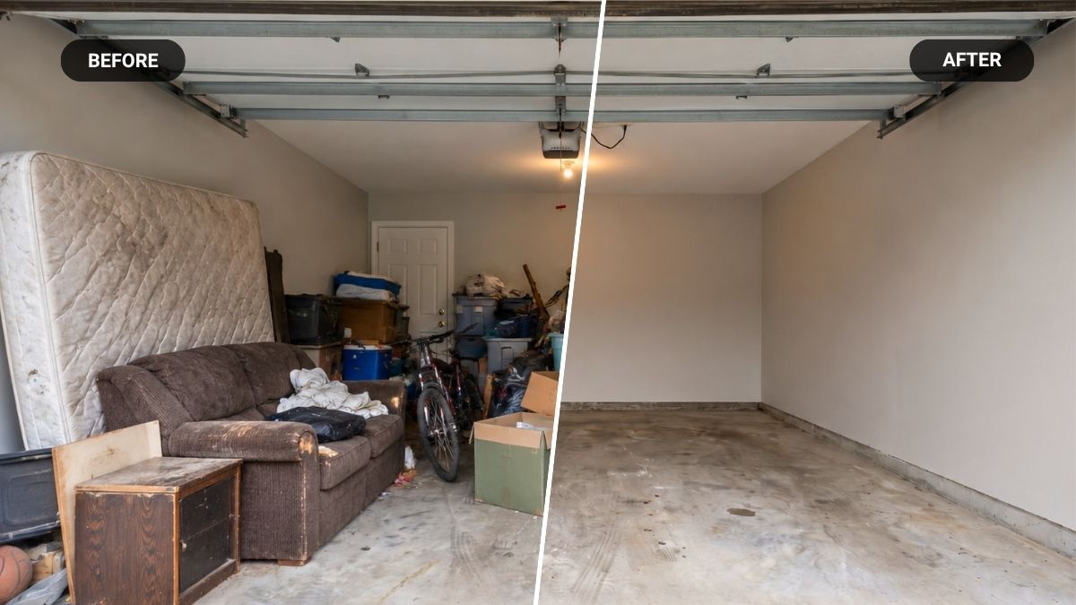 Before and after comparison of a cluttered garage that has been fully cleared out
