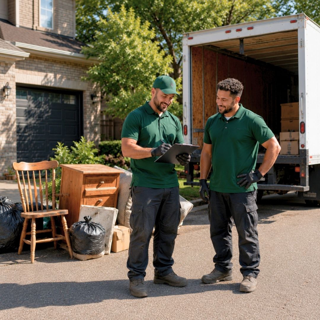 Two Whole 9 Yards crew members in green shirts reviewing a job on a clipboard beside their truck at a residential driveway